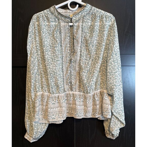 Free People If I Had You Printed Beaded Long Sleeve Sheer Peasant Blouse Large - Picture 1 of 11